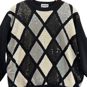 Alfred Dunner Vintage Sequin Black White Geometric Pattern Sweater Women 3XL